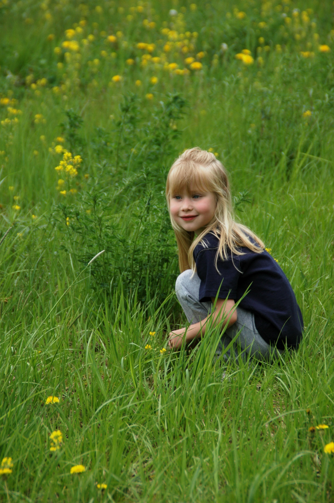 Linnea follows butterfly into the meadow.